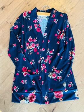 Navy Floral Open-Front Cardigan with Pink Rose Print